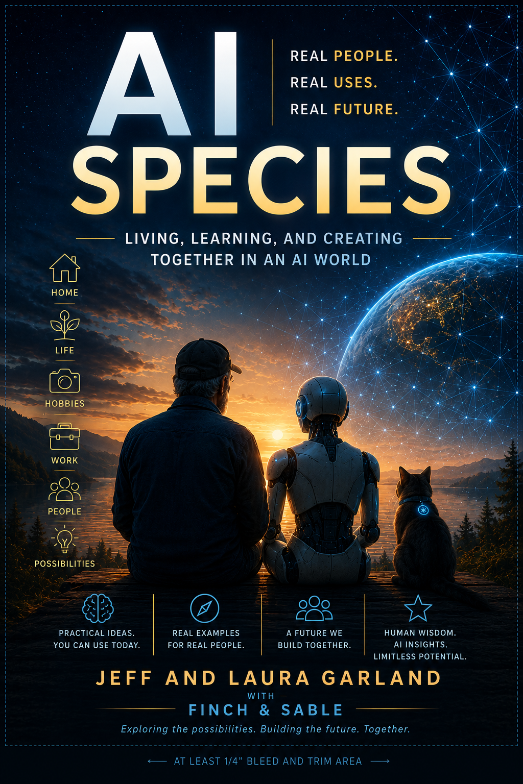 AI Species book cover showing a human, AI companion, and cat looking toward a glowing future.